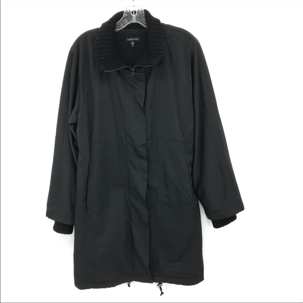 Eileen Fisher Long Jacket Coat Black Sweater Collar